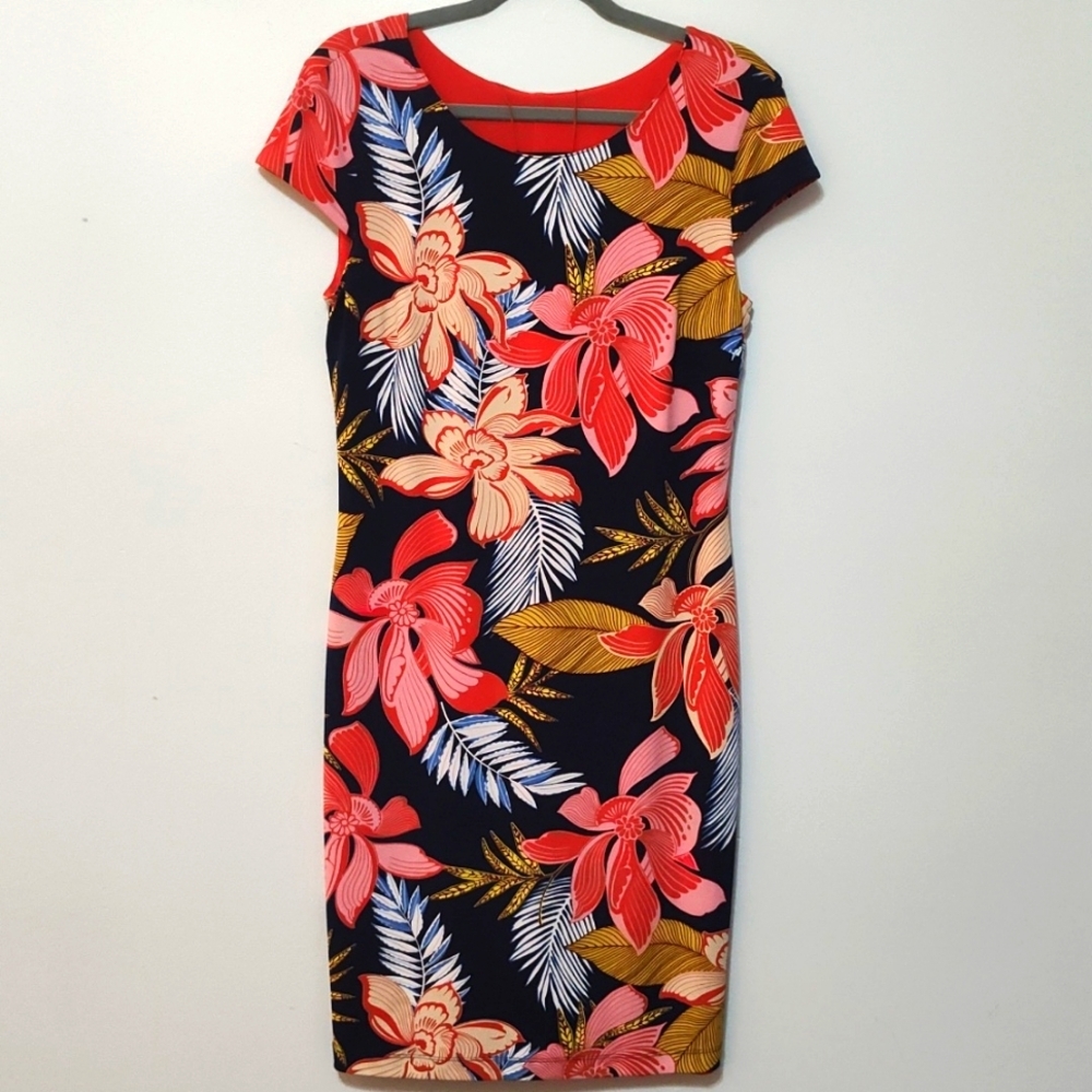 Frank Lyman Sheath Dress Size 12 Tropical Hawaiian Print Colorful Cruise Beach